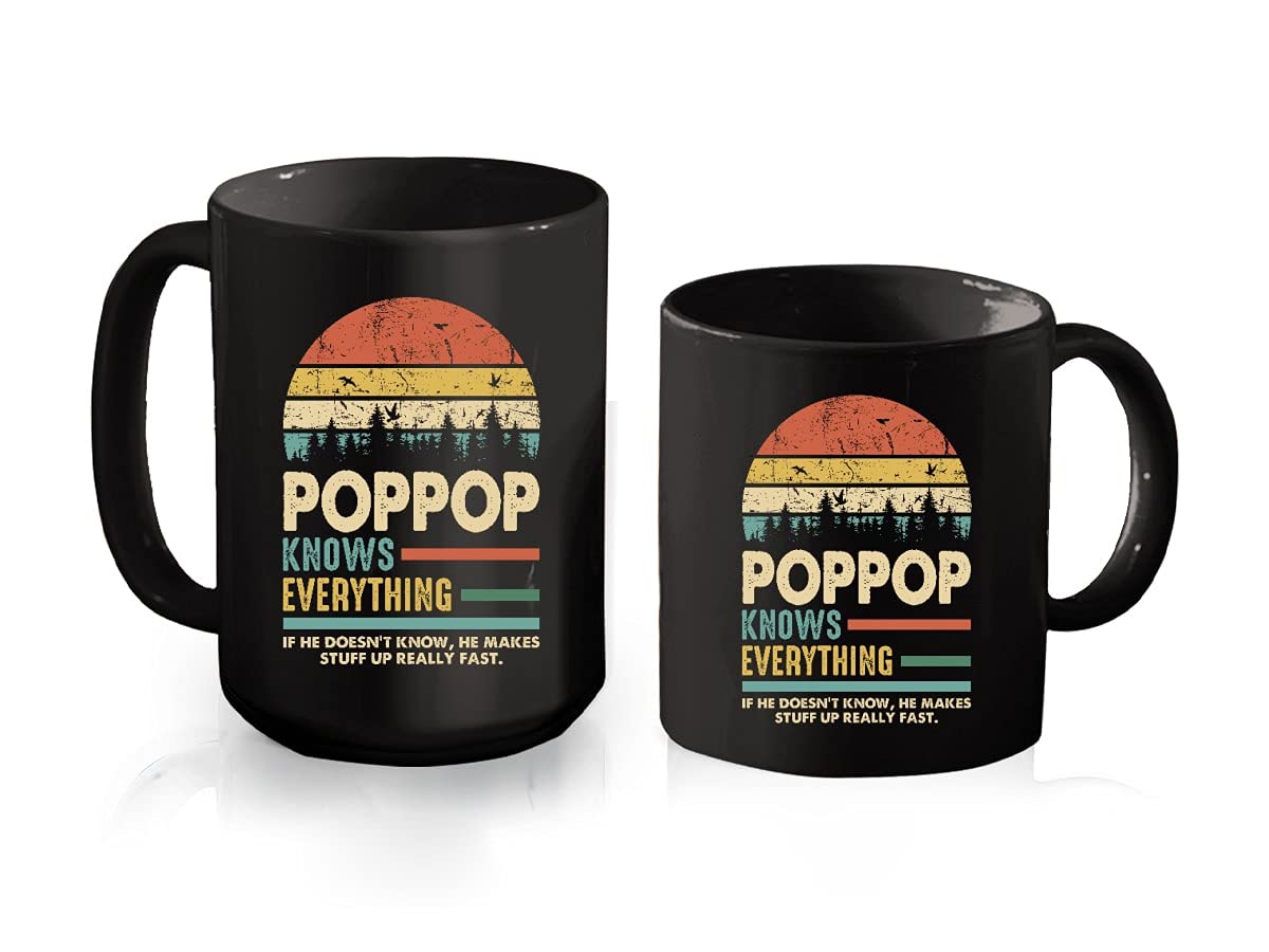 Pop Pop Knows Everything Coffee Mug - 11oz Black Ceramic Cup for Men, Birthday, Father's Day, Grandpa Gift - Perfect for Home, Office & Coffee Lovers