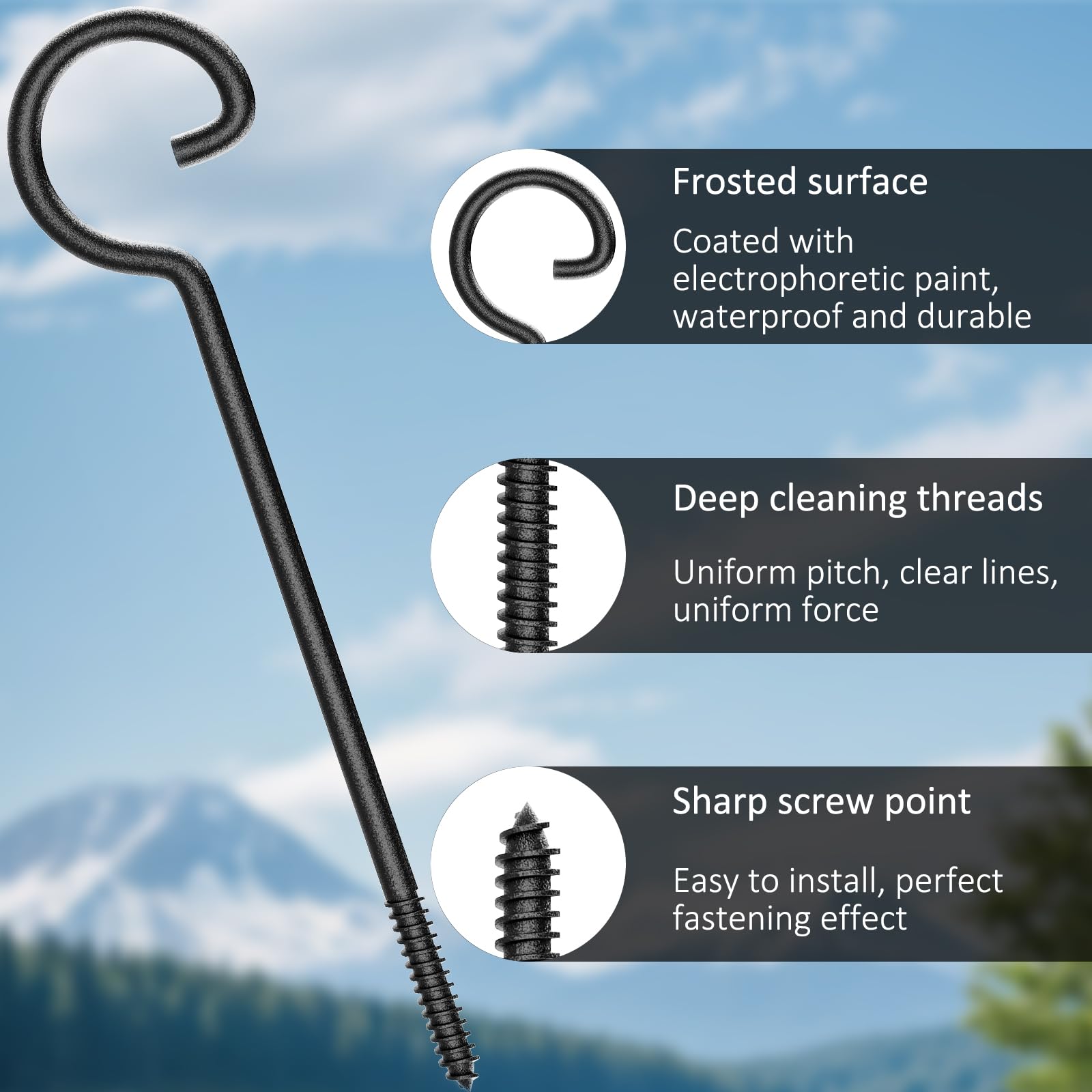 9in Heavy Duty Screw Hooks 10Pcs - Black Ceiling Hooks for Christmas Lights, Curtains, Plants & Kitchen Organization - Indoor/Outdoor Hanging Solutions for Home Decor & Storage