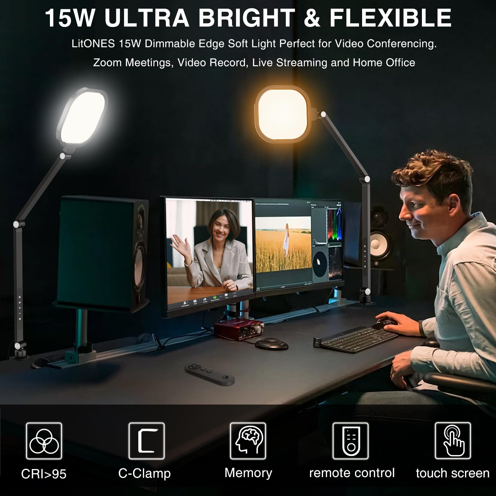 Professional Dimmable LED Video Conference Light for Computer - 15W Swing Arm Desk Lamp with C-Clamp, Remote, Memory & Timer (CRI>95) - Perfect for Zoom Meetings, Home Office, Webcam Lighting & Online Classes