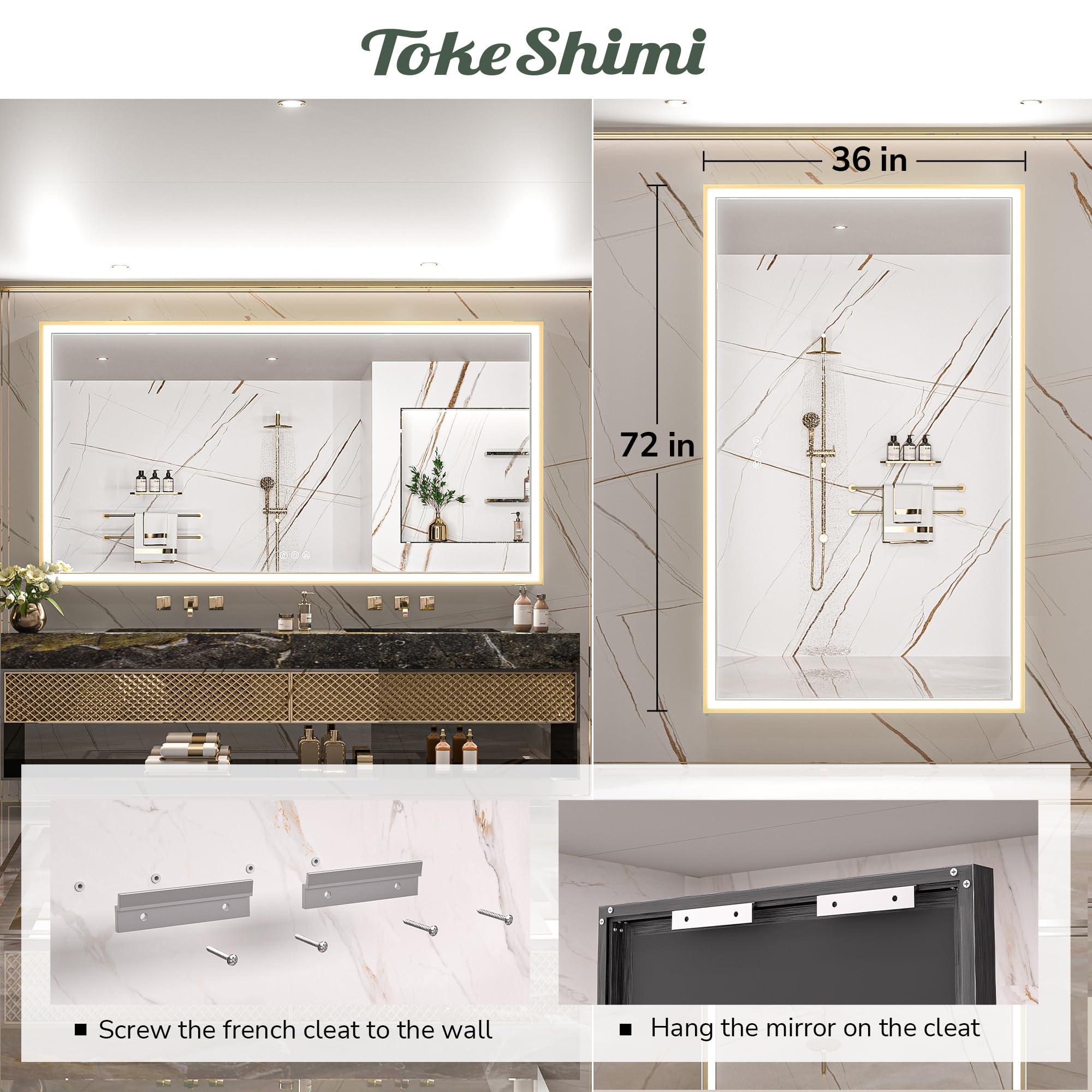 TokeShimi 72 x 36 Inch LED Bathroom Vanity Mirror with Lights - Gold Aluminum Alloy Matte Frame, 3 Color Temperatures, Anti-Fog, Memory Function & Stepless Dimming - Perfect for Modern Bathroom, Dressing Room and Makeup Area
