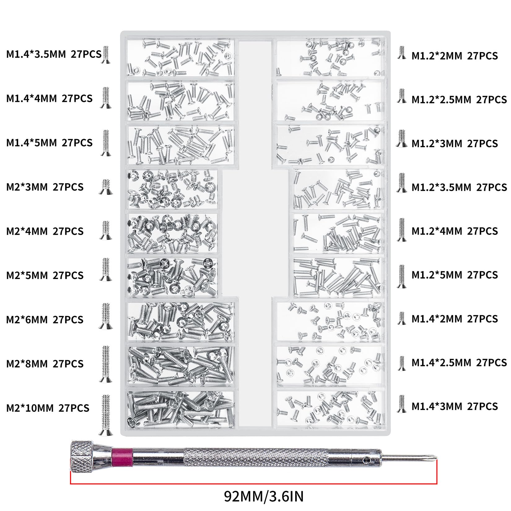 500 Pcs Laptop Screws Kit - M1.2/M1.4/M2 Micro Screws for Electronics Repair, Computer, SSD, M.2 Hard Drive, Glasses & Watch - Silver Tiny Replacement Screws for DIY Fixing & Maintenance