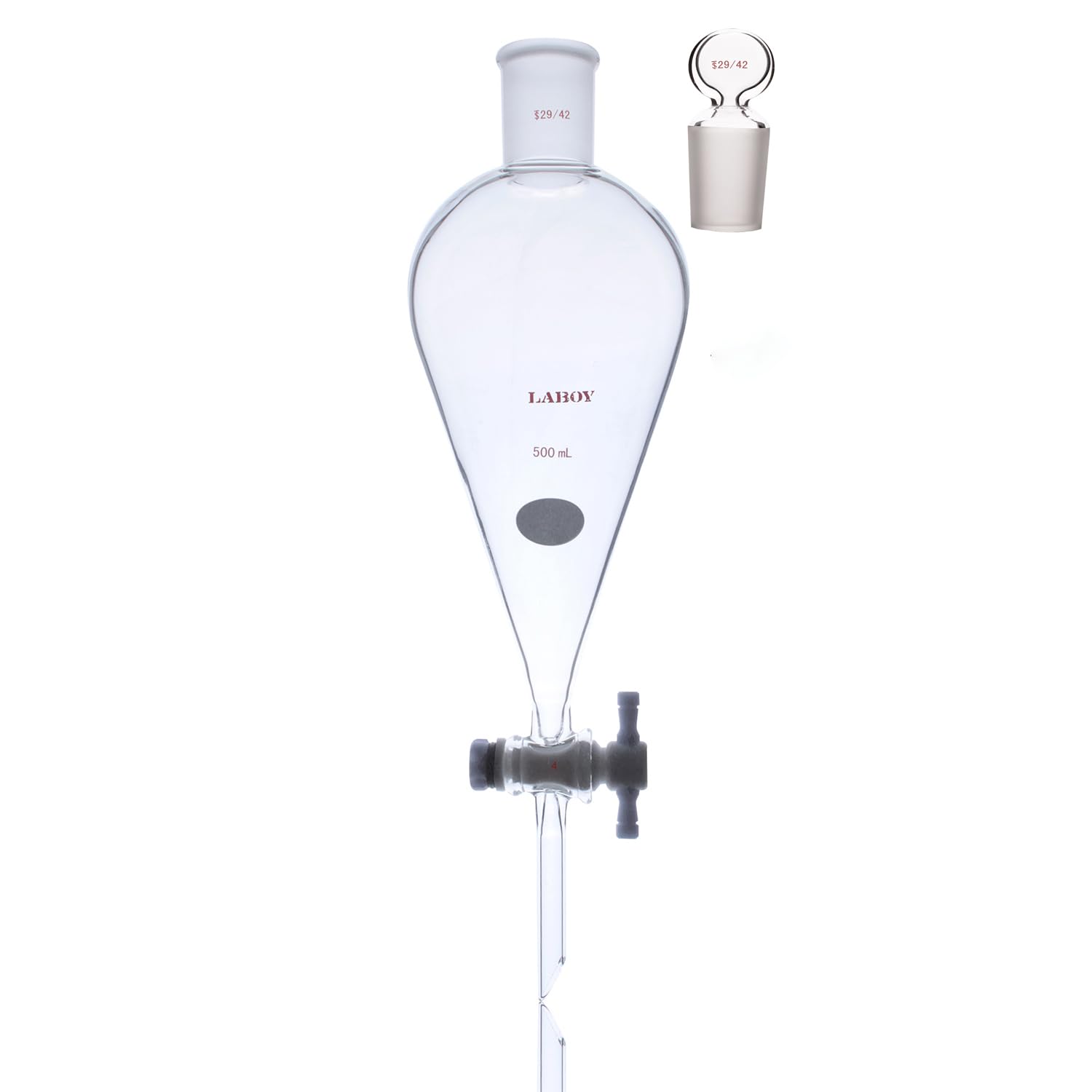 Laboy Glass 500mL Pear-Shaped Conical Separatory Funnel with 29/42 Joint & 4mm PTFE Stopcock - Premium Laboratory Glassware for Chemical Extraction, Liquid Separation, and Essential Oil Distillation