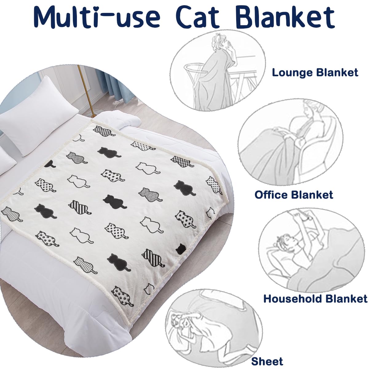 SOULZZZ Soft Fleece Sherpa Cat Blanket - Cozy Plush Throw for Women, Girls & Cat Lovers - 80x60 Inch Black & White Kawaii Kitten Blanket - Perfect for Cuddling, Sofa Lounging & Gift Giving