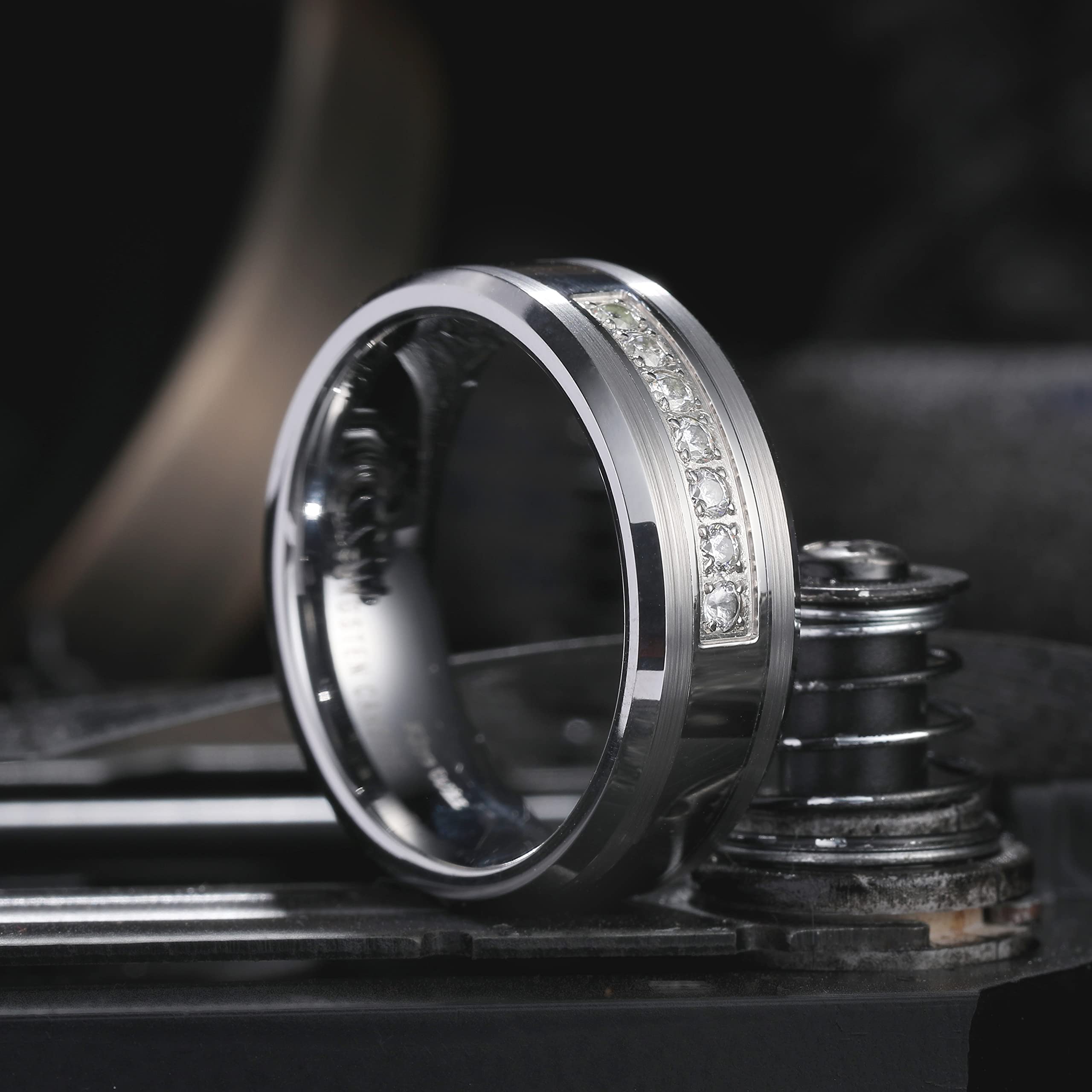 King Will 8mm Men's Tungsten Carbide Wedding Band Ring - Cubic Zirconia CZ Inlay Eternity Ring for Men - Perfect for Anniversary, Engagement, and Everyday Wear