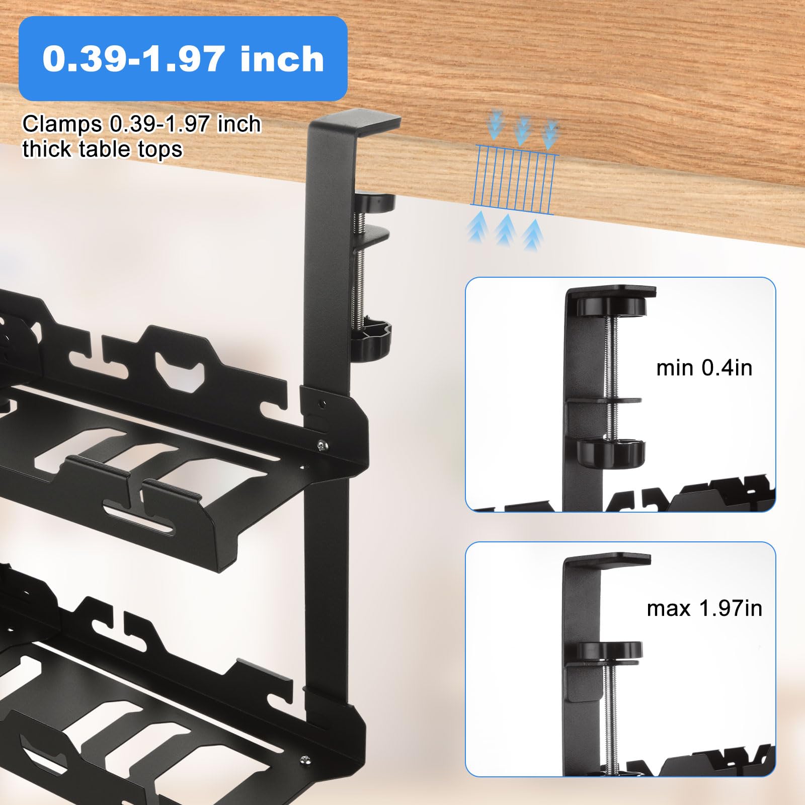 Black Extendable Under Desk Cable Management Tray (15.7-29 Inch) - No Drill Installation for Wire Organization | Perfect for Home Office, Gaming Setup & Workspace Organization
