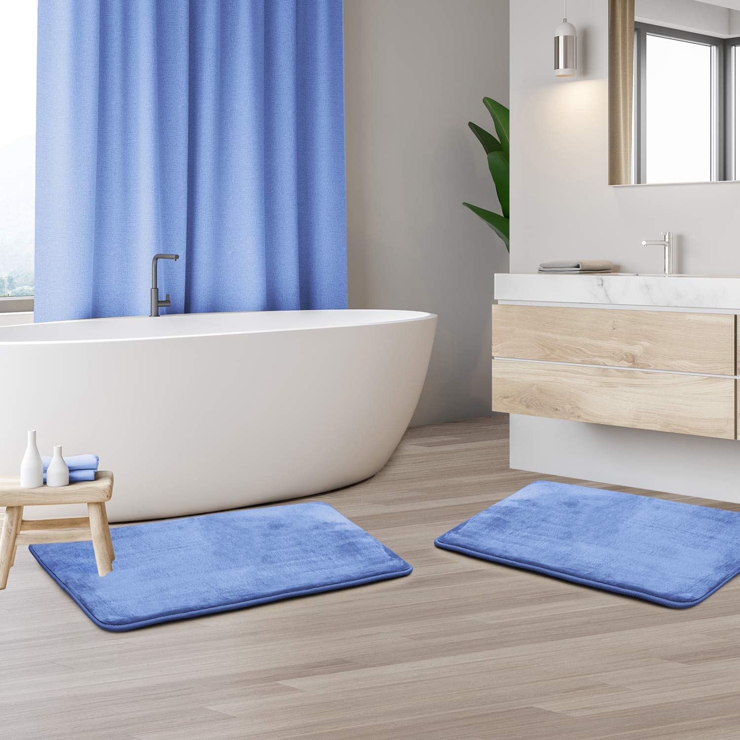 Clara Clark Memory Foam Bath Mat Set of 2 - Ultra Soft Non-Slip Bathroom Rug, Super Absorbent & Fast Drying - Machine Washable 17x24 Inch - Blue - Perfect for Bathroom, Shower & Spa Decor
