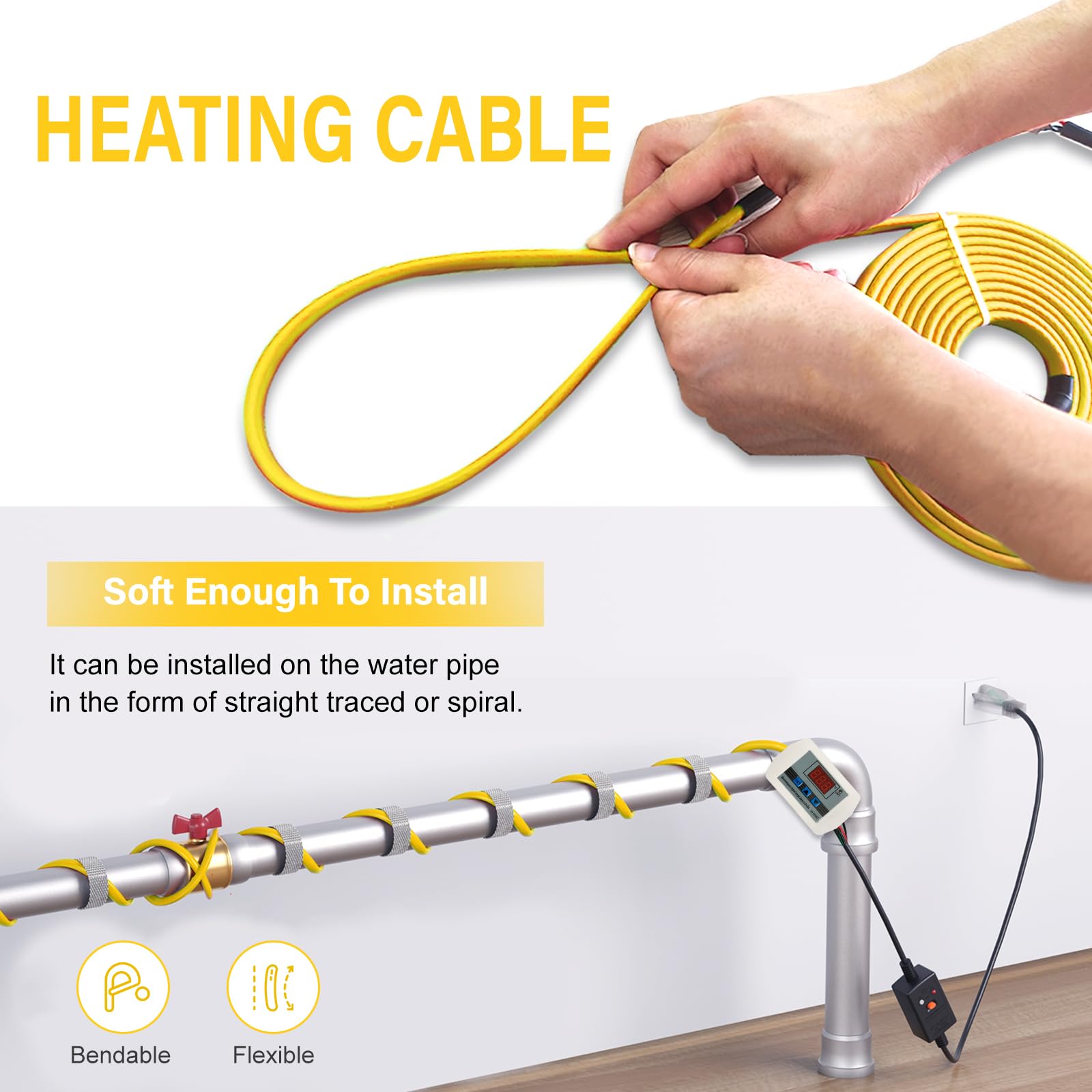 Cupohus 9FT Self-Regulating Heat Tape for Water Pipes - Digital Display Thermostat, Freeze Protection & Roof Deicing Cable for Metal/Plastic Pipes, RV Water Hose - Perfect for Home, RV & Outdoor Winter Pipe Protection