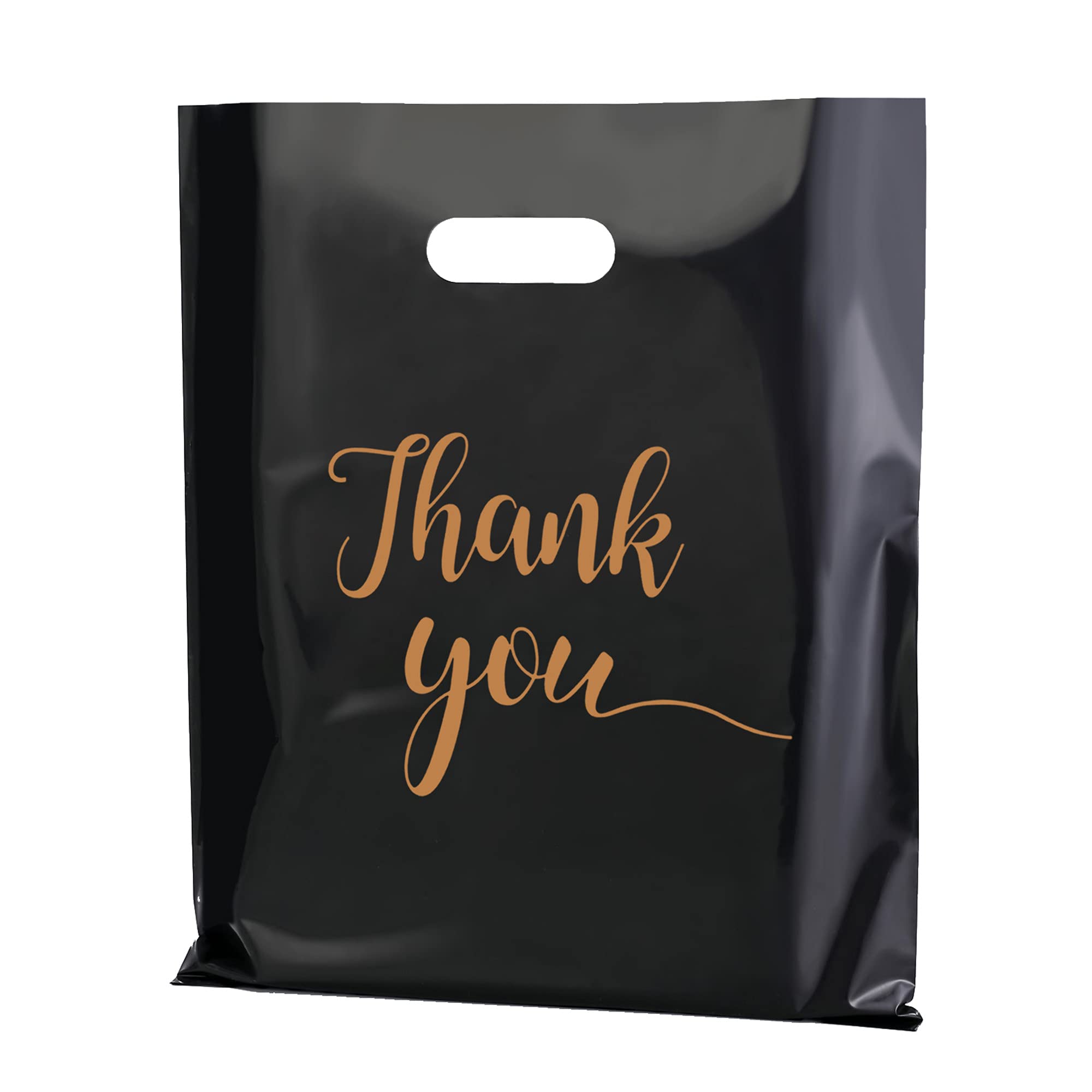 MUKOSEL 100Pcs Extra Thick 2.36Mil 12x15In Reusable Plastic Thank You Bags with Handle - Retail Shopping Bags for Goodie Bags, Party Favors, Boutique Stores, Clothing Gifts & Business Merchandise (Black) - Perfect for Retail Packaging, Wedding Favors & Customer Appreciation Gifts