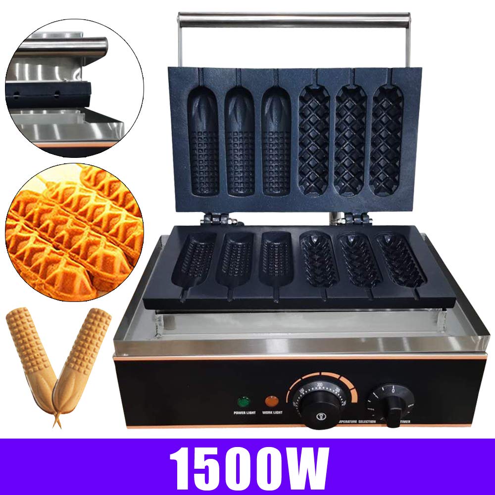 Commercial Electric Waffle Maker Machine - 6PCS Nonstick Plates for Crispy Waffles, Paninis & Hash Browns - 1500W Stainless Steel Hot Dog & Sausage Maker - 110V Household Waffle Cone Baker (Perfect for Restaurants, Cafes & Home Breakfast)