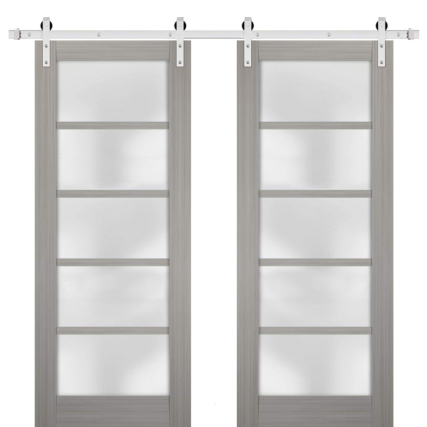36x96 Inch Frosted Glass Double Barn Door - Quadro 4002 Grey Ash Finish with 13FT Stainless Steel Rail Hangers | Heavy Duty Solid Panel Interior Sliding Doors for Bedroom, Closet & Farmhouse Style Homes
