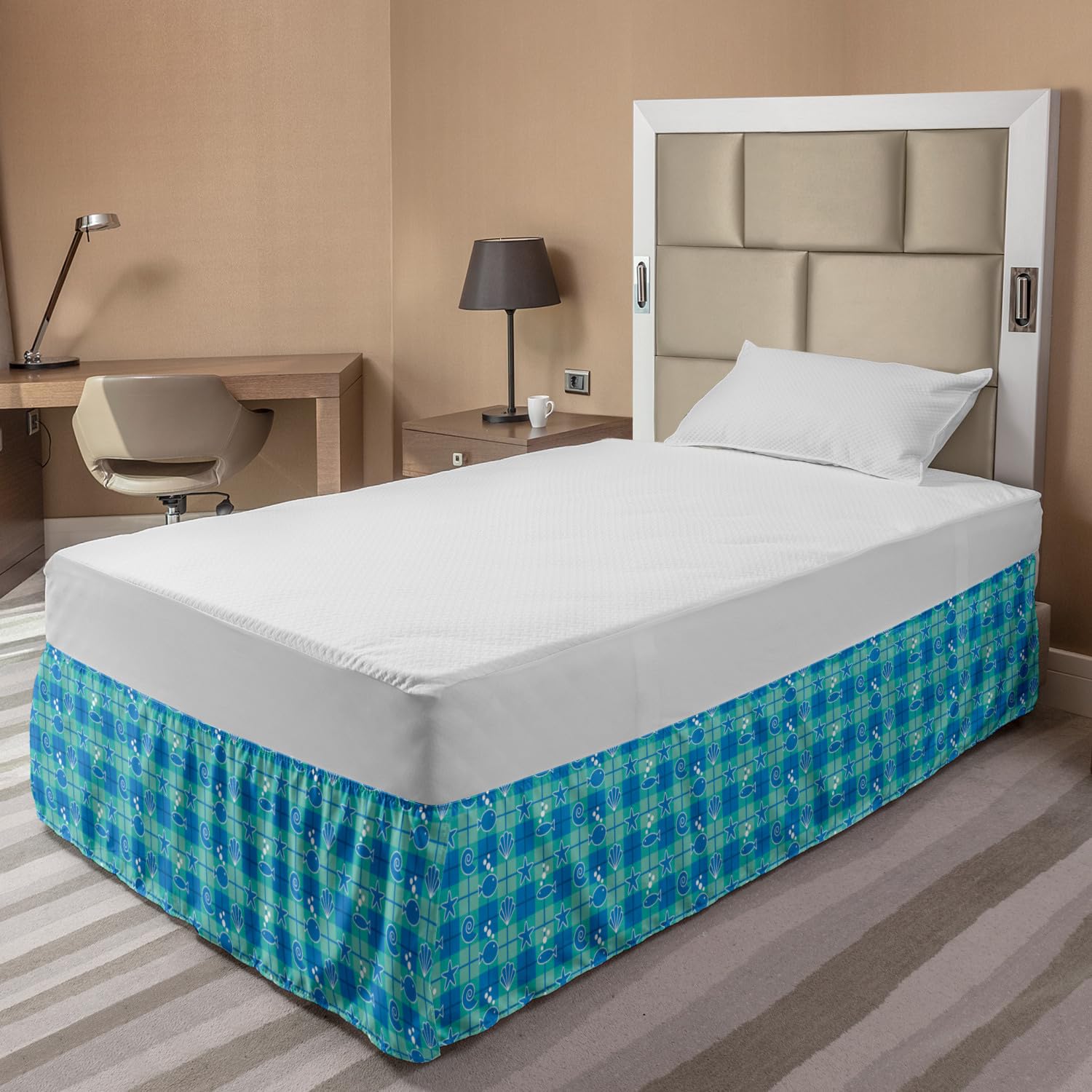 Ambesonne Sea Shells Bed Skirt - Plaid Pattern with Cartoon Marine Silhouettes, Fish, Starfish & Bubbles | Elastic Dust Ruffle Wrap Around Bedskirt for Twin/Twin XL Beds | Mint Green, Blue & White Coastal Bedroom Decor | Perfect for Beach House, Nautical or Ocean Theme Bedrooms