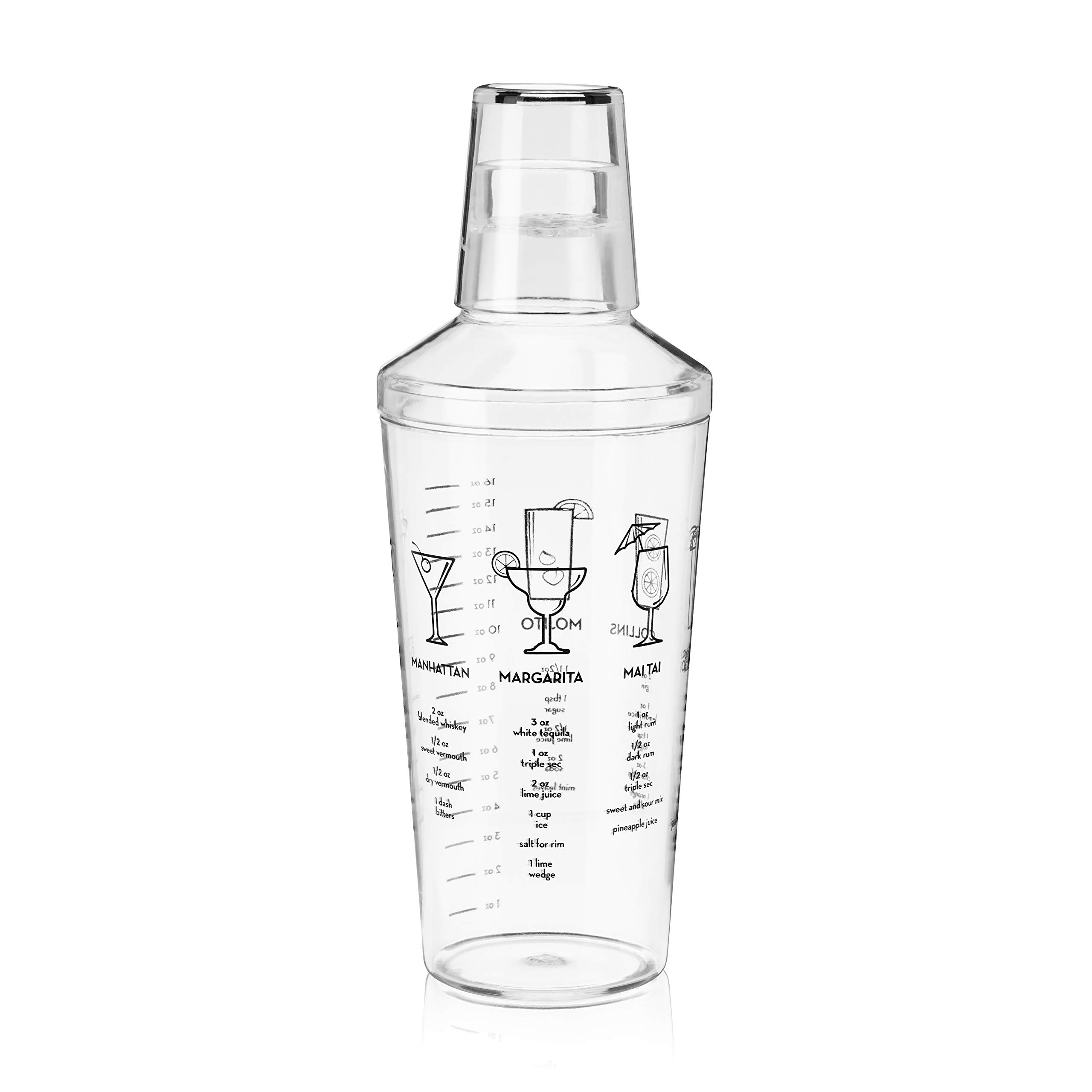 True Maraca Cocktail Shaker with Cap & Built-In Strainer - 16 oz Bartender Kit with 7 Measured Drink Recipes - Perfect for Home Bars, Parties & Mixing Cocktails - Handheld Drink Mixer & Bar Accessories Set