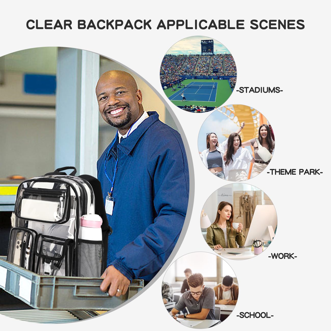 Heavy Duty Clear Backpack - 16 x 11 x 5 Inch TPU Large Capacity See Through Bookbag for Sports Events, Concerts, Travel & School - Waterproof & Durable (Black)