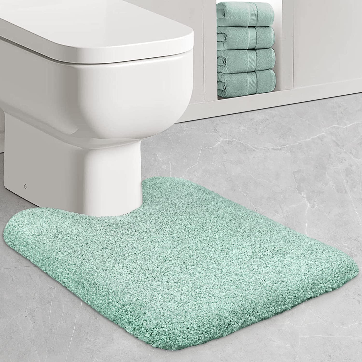 Non-Slip U-Shaped Shaggy Toilet Bath Rug - Machine Washable Contour Bath Mat for Bathroom Decor, Tub & Shower Floor - Soft & Absorbent Egg Blue Bathroom Carpet - Perfect for Bathroom Safety & Cozy Foot Comfort