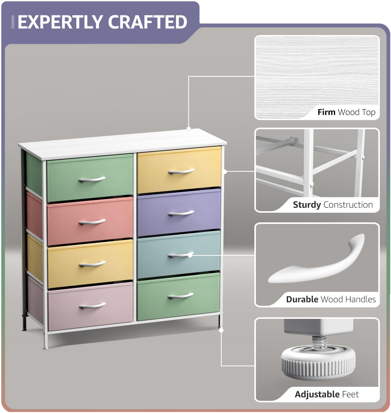 Sorbus 8-Drawer Kids Dresser with Steel Frame & Wood Top - Pastel Tie-Dye Fabric Storage Bins for Bedroom, Closet & Nursery Organization - Perfect for Toddler Clothes, Toys & Baby Essentials Storage