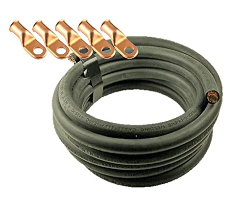 Ultra-Flexible 1/0 Gauge Black Car Battery & Welding Cable - 40 Feet with 5 Copper Lugs - Heavy Duty Power Supply for Automotive, Marine, and Solar Applications