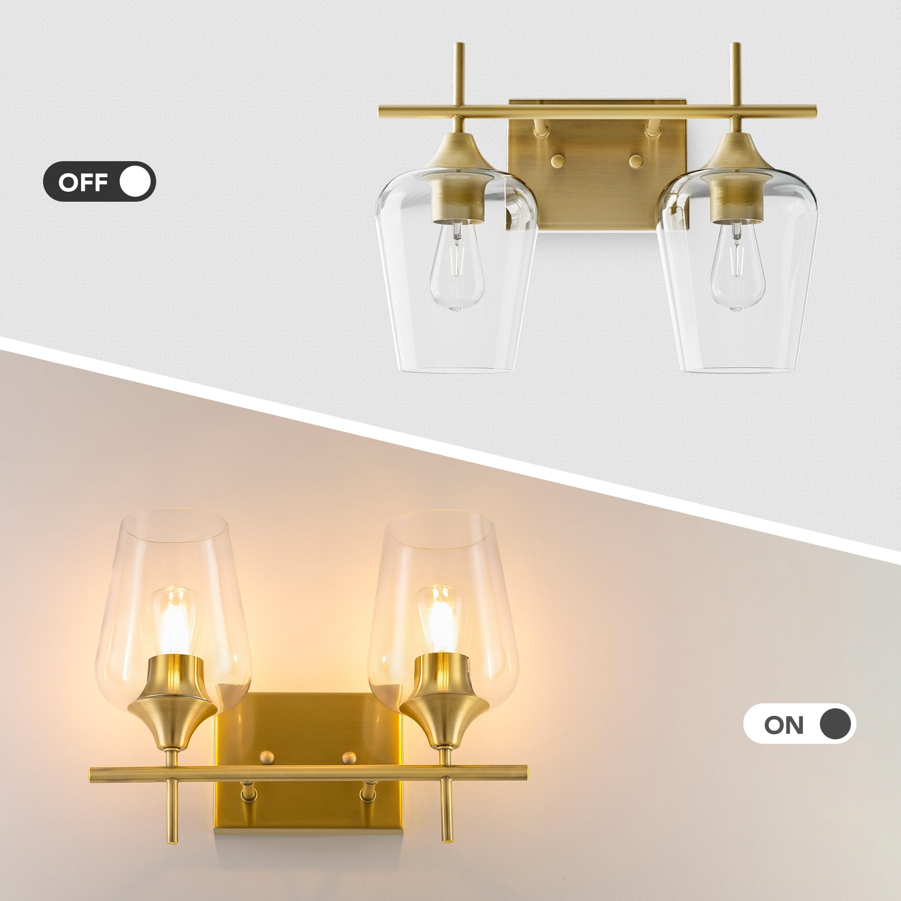 VONLUCE 2-Light Modern Bathroom Vanity Light Fixture with Clear Glass - Brushed Gold Wall Sconce for Mirror Lighting - Perfect for Bathroom, Bedroom, Hallway & Kitchen Decor