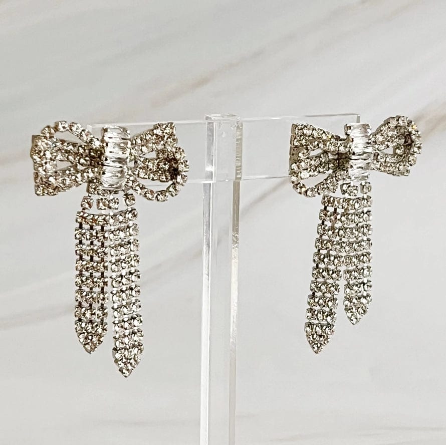 Elegant Silver Rhinestone Bow Drop Earrings for Women - Perfect for Weddings, Parties & Special Occasions