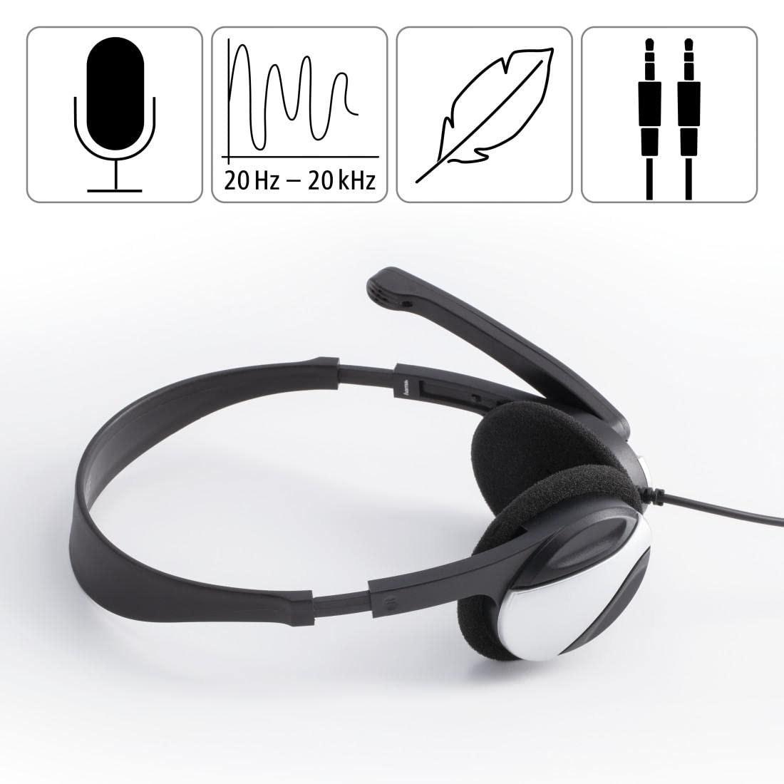 Hama HS-P100 Lightweight On-Ear Stereo Headset with Microphone & Volume Control - 2m Cable, 3.5mm Jack - Perfect for PC Gaming, Online Classes & Remote Work (Black)