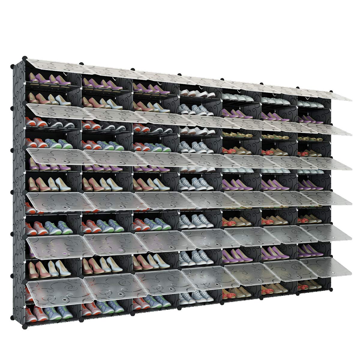 KOUSI Expandable 84 Grids Portable Shoe Rack Organizer - Space Saving Shoe Storage Tower for Heels, Boots, Slippers - Perfect for Closet, Entryway, Bedroom Organization (Black)