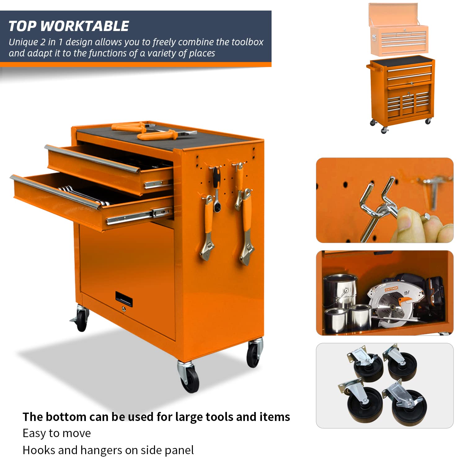 8-Drawer High Capacity Rolling Tool Chest with Lock - Heavy Duty Tool Storage Cabinet on 4 Wheels, Sliding Drawers & Removable Portable Tool Box for Garage, Workshop & Warehouse (Orange) - Perfect for Mechanics, DIY Projects & Professional Tool Organization