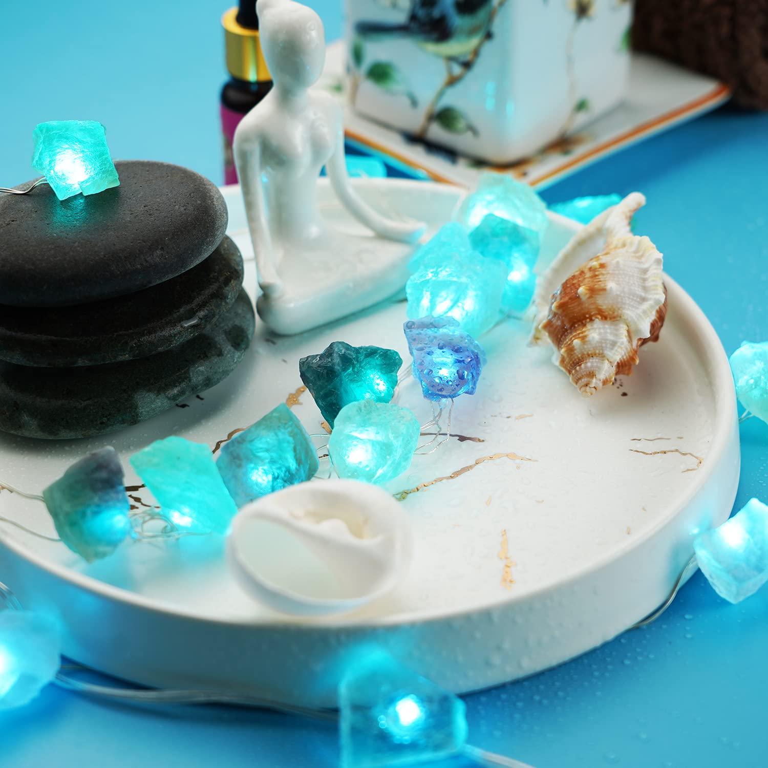 BOHON 20 LED Natural Fluorite & Sea Glass String Lights - 6.5ft Battery Operated with Remote Control - Raw Stone Decorative Lighting for Bedroom, Party, Indoor, Christmas & Wedding Decor - Perfect for Home Ambiance, Holiday Celebrations and Romantic Settings