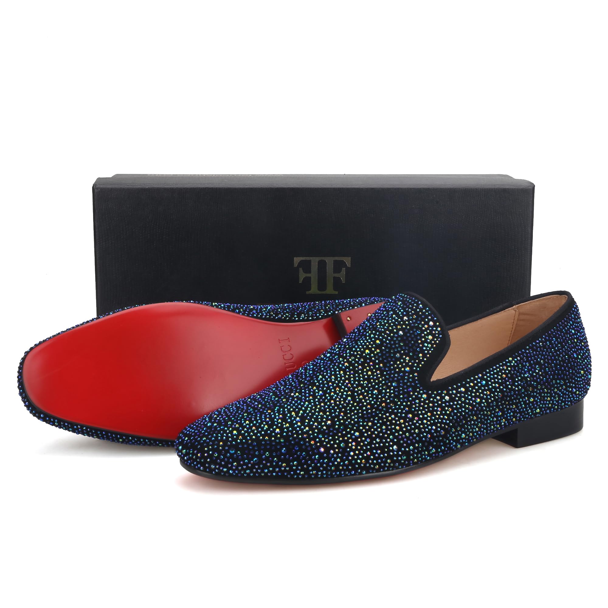 FERUCCI Men's Blue Crystal GZ Rhinestone Loafers - Comfortable Slip-On Shoes for Casual Wear, Parties & Home Use