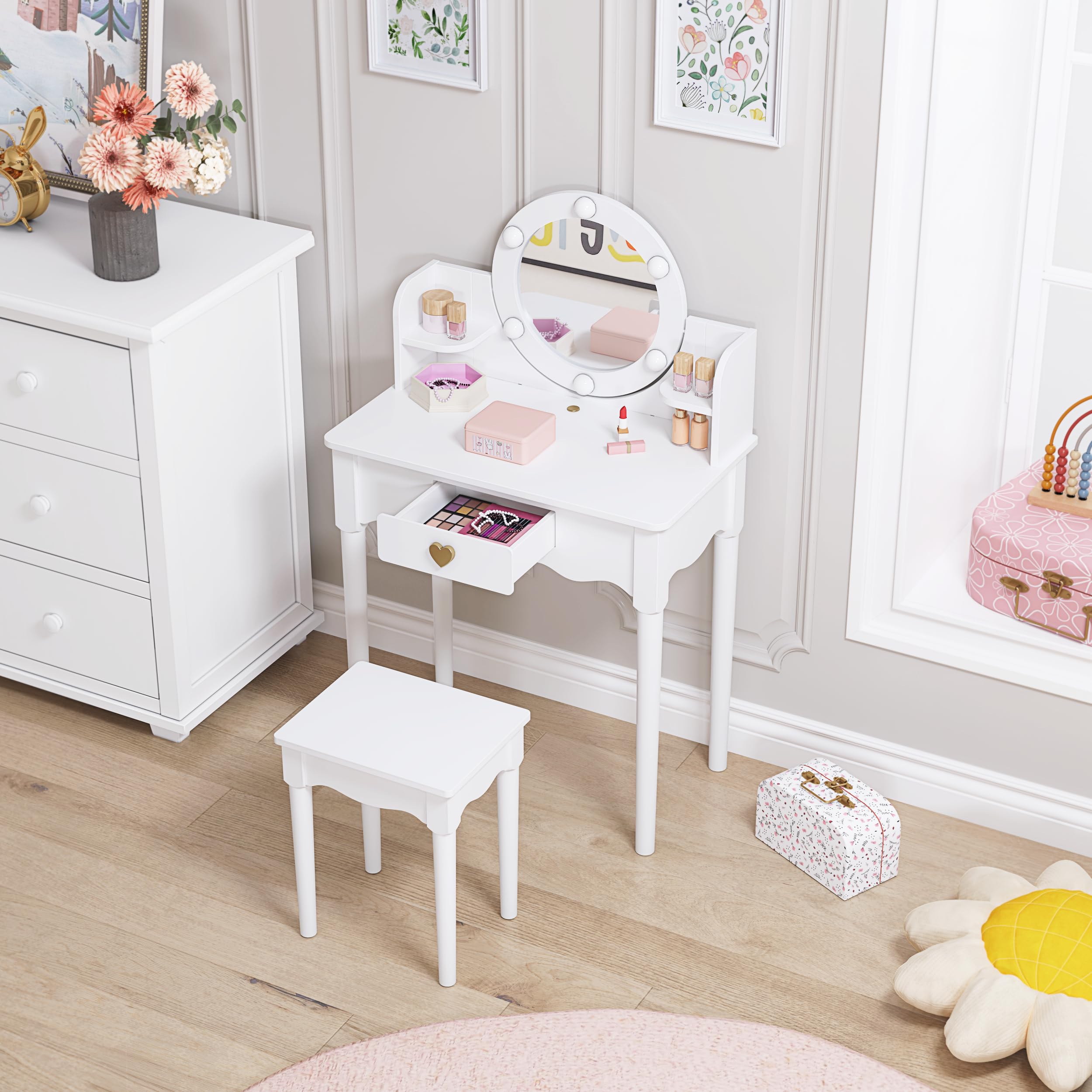 UTEX Kids Vanity Set with Mirror, Stool & Lights - Wooden Princess Makeup Desk & Dressing Table for Girls (White) | Pretend Play, Birthday Gift & Room Decor