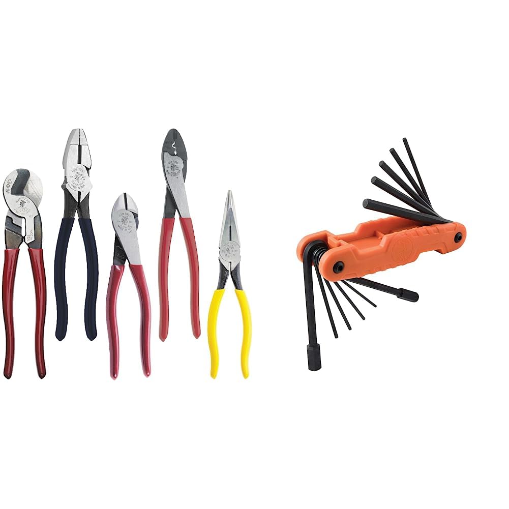 Dipped Plier Set - 5-Piece High Leverage Pliers Kit with Diagonal-Cutter, Needle-Nose & Linesman Pliers | 70550 Heavy Duty Folding Hex Key Set (11 SAE Sizes) | Perfect for Electrical Work, DIY Projects & Automotive Repairs