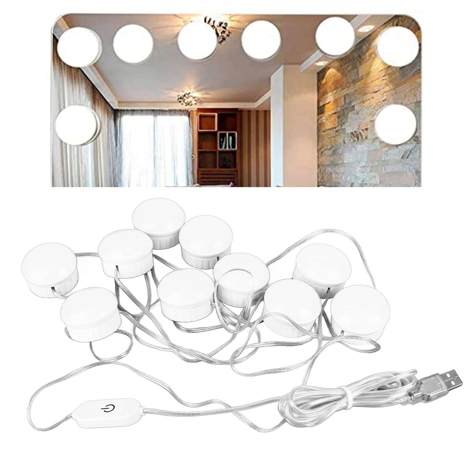 MXZZAND LED Vanity Mirror Lights - 10 Bulbs with 5-Level Brightness & Touch Switch, White Bathroom Mirror Lighting for Wall Mirror - Perfect for Makeup, Shaving & Home Decor