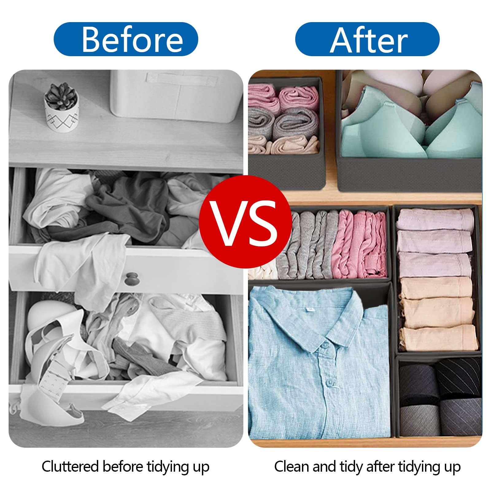 MOOING 10-Piece Non-Woven Fabric Closet Organizer Box Set - Foldable Drawer Organizer for T-Shirts, Socks, Ties & Underwear (Gray) - Perfect for Bedroom, Closet & Travel Storage