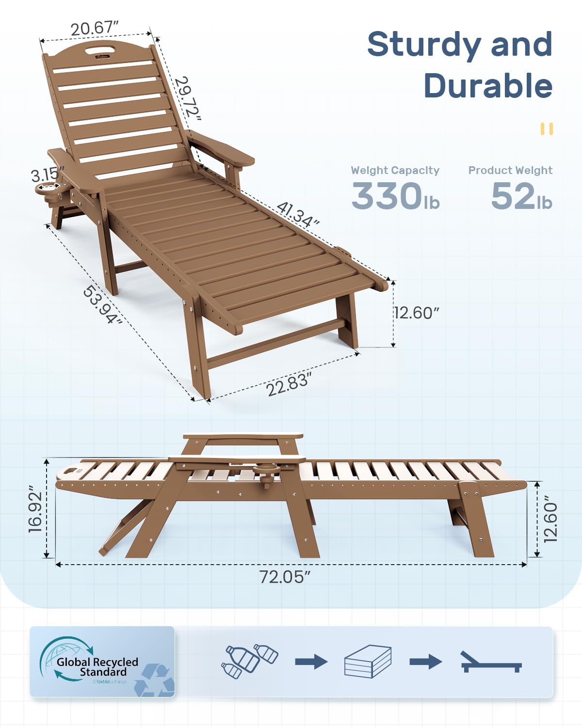 Outdoor Chaise Lounge Chair - 6-Position Adjustable HDPE Patio Lounge with Cup Holder for Poolside, Deck, Backyard & Lawn - Durable Teak Wood Design