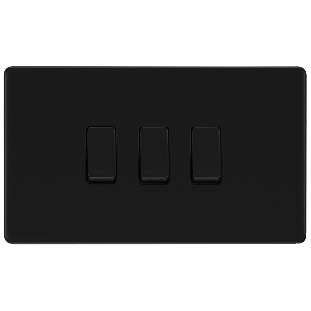 BG Flat Plate Screwless Matt Black 3 Gang 2 Way Light Switch FFB432 - Modern Electrical Wall Switch for Home, Office, and Commercial Spaces