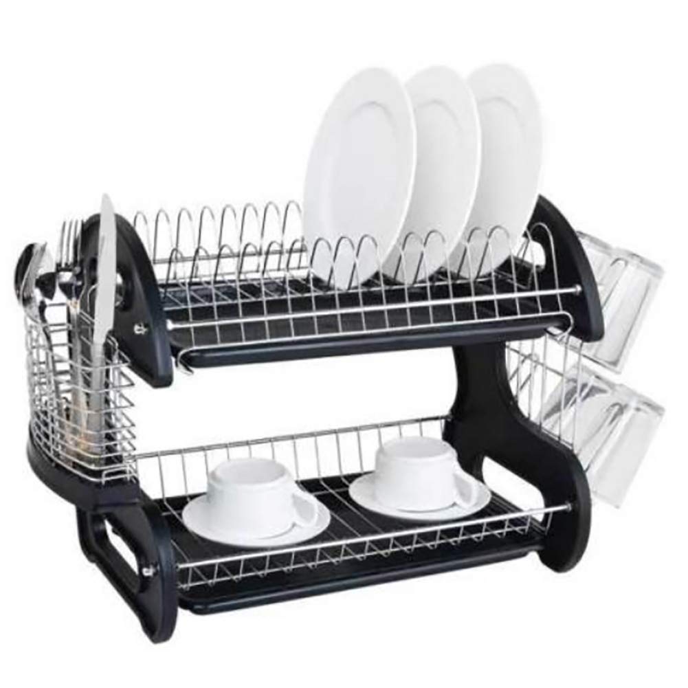 Stainless Steel Dish Drying Rack - Dual Layer Utensil Holder for Bowls, Plates, Chopsticks & Spoons with Removable Drain Board | Space Saving Kitchen Organizer for Countertop, Sink & Cabinet Storage