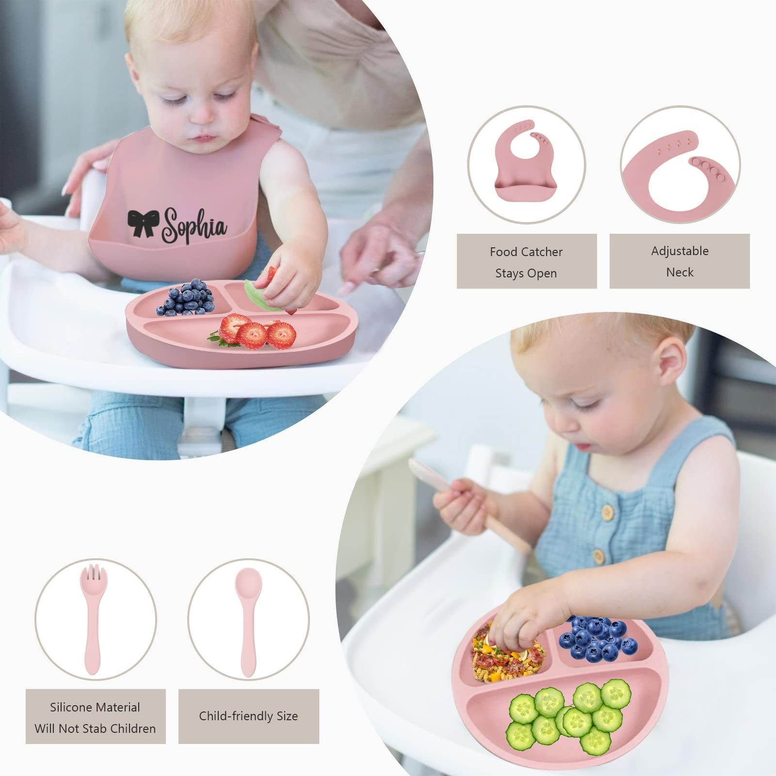 Personalized Silicone Baby Feeding Set - Custom Snack Cup with Lid, Adjustable Silicone Bibs, Soft Spoon & Fork - Perfect for Baby Weaning, Birthday Gifts & Toddler Mealtime (Green)