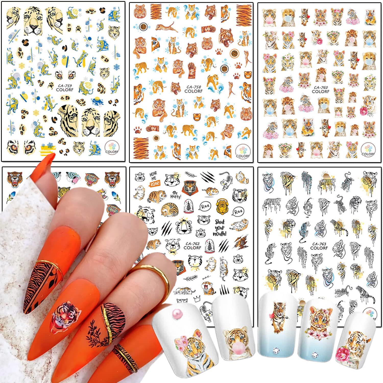 3D Cartoon Tiger & Holographic Flower Nail Art Stickers - Self-Adhesive Nail Decals for Women & Girls - DIY Manicure Tips & Acrylic Nail Supplies - Perfect for Parties, Weddings, and Daily Nail Art Designs