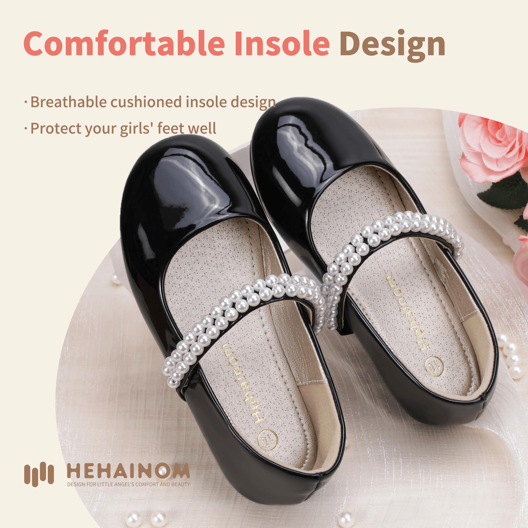 Hehainom Toddler Flower Girls Dress Shoes - Mary Jane Princess Ballet Flats with Bow & Pearls for Party, School, Wedding, and Special Occasions - Comfortable & Stylish Formal Shoes for Little Girls