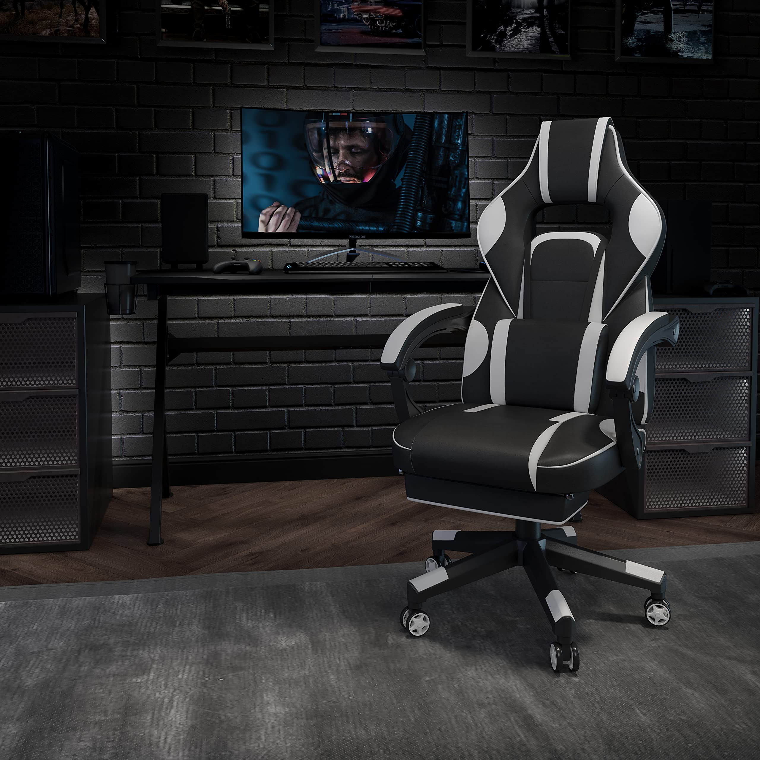 EMMA + OLIVER White Ergonomic Gaming Chair with Adjustable Reclining Back, Armrests, Footrest & Massage Lumbar Support - Perfect for PC Gaming, Office Work & Home Relaxation