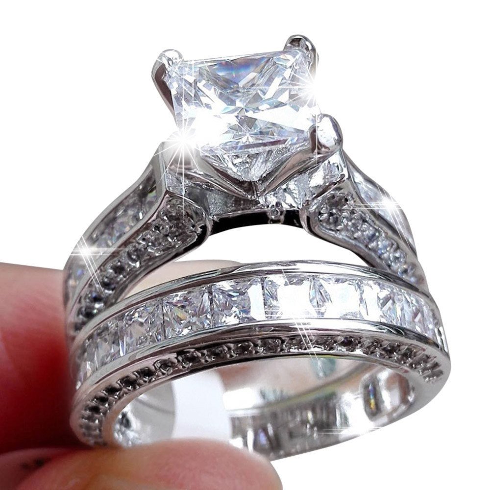 Vintage 2-in-1 Women's Diamond Silver Engagement & Wedding Ring Set - Elegant White Gold Plated Bridal Jewelry for Proposals, Anniversaries & Special Occasions