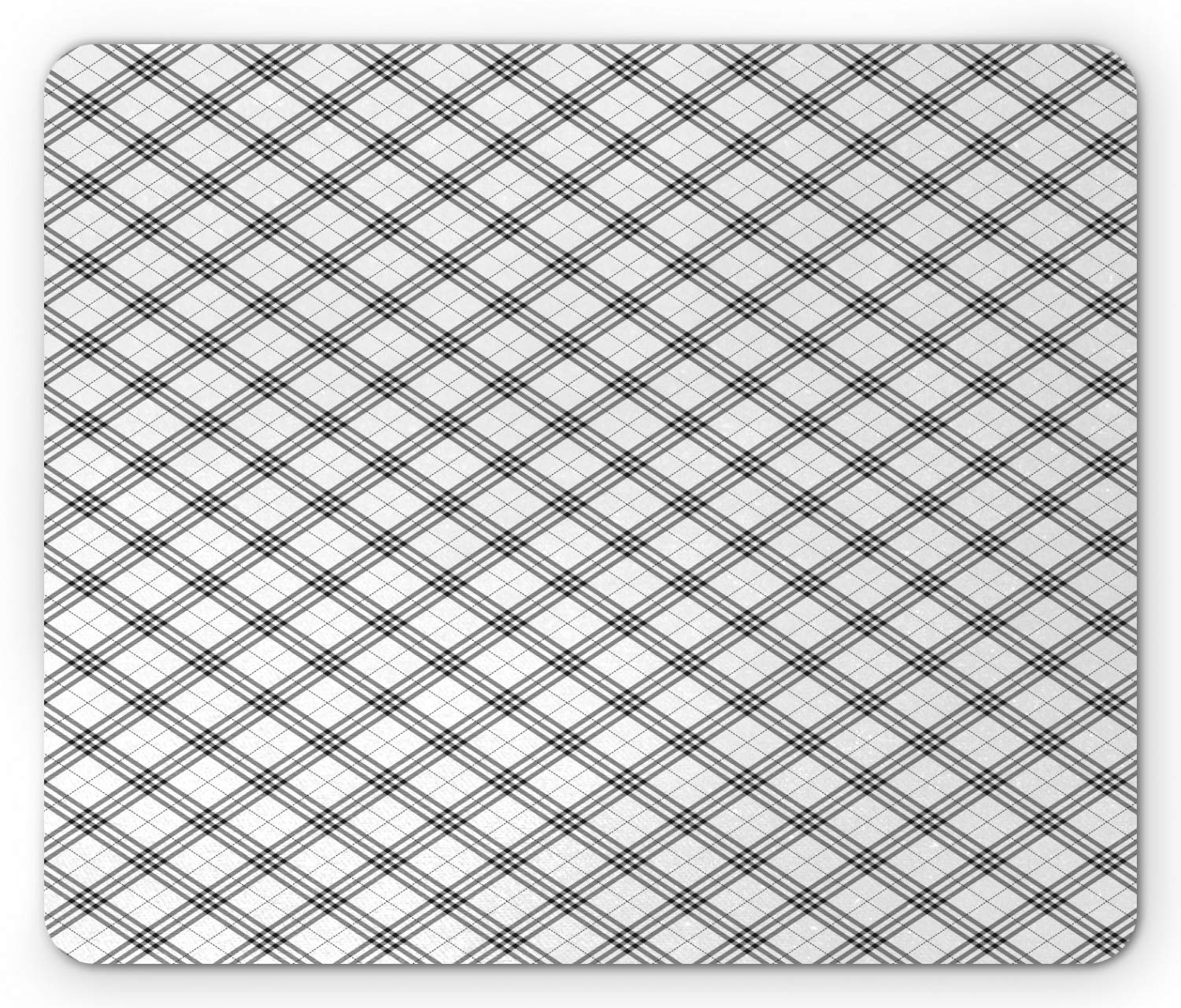 Ambesonne Black and White Plaid Mouse Pad - Non-Slip Rubber Base with Diagonal Checkered Stripes Pattern - Standard Size Rectangle Desk Accessory for Office, Gaming & Computer Workstations