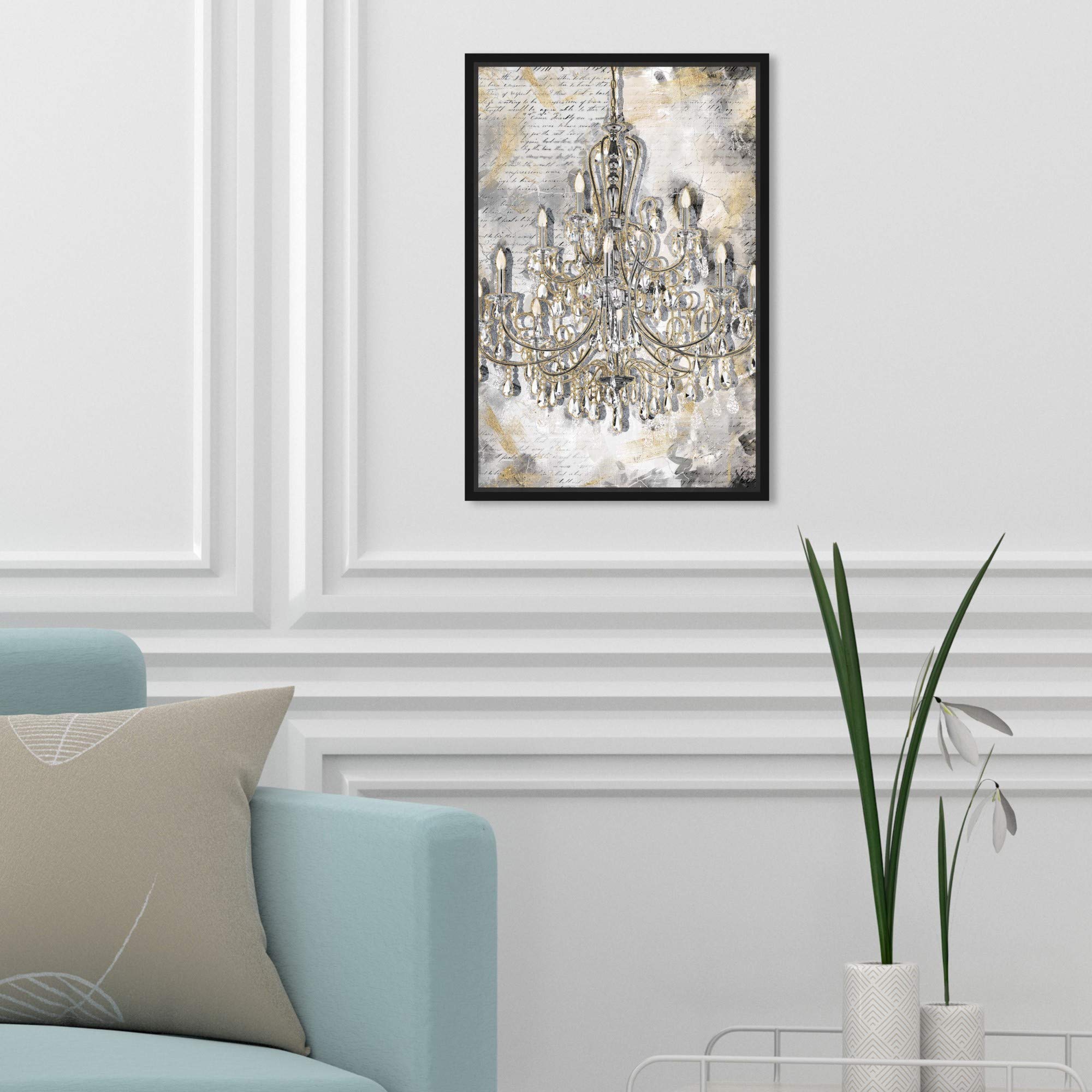 Oliver Gal Artist Co. Fashion & Glam Wall Art - Framed Canvas Print 'Calligraphy Chandeliers' in Gold & Gray (10x15 inches) - Elegant Home Décor for Living Room, Bedroom & Office