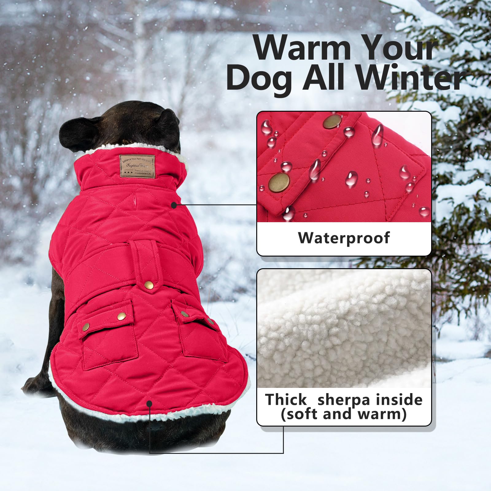 KYEESE Warm Windproof Dog Jacket with Sherpa Lining & Furry Collar - Winter Coats for Small Dogs, Red - Perfect for Cold Weather Walks & Outdoor Adventures