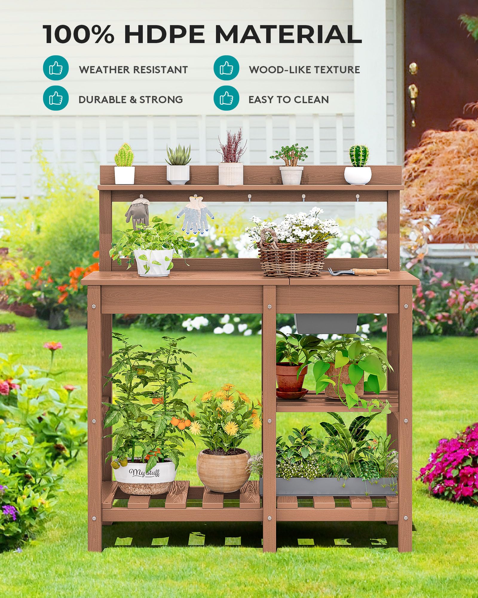 SERWALL Outdoor Potting Bench with Sink - Heavy Duty HDPE All-Weather Gardening Table for Planting, Transplanting & Potting - Perfect for Backyard, Greenhouse & Garden Shed Use (Brown)