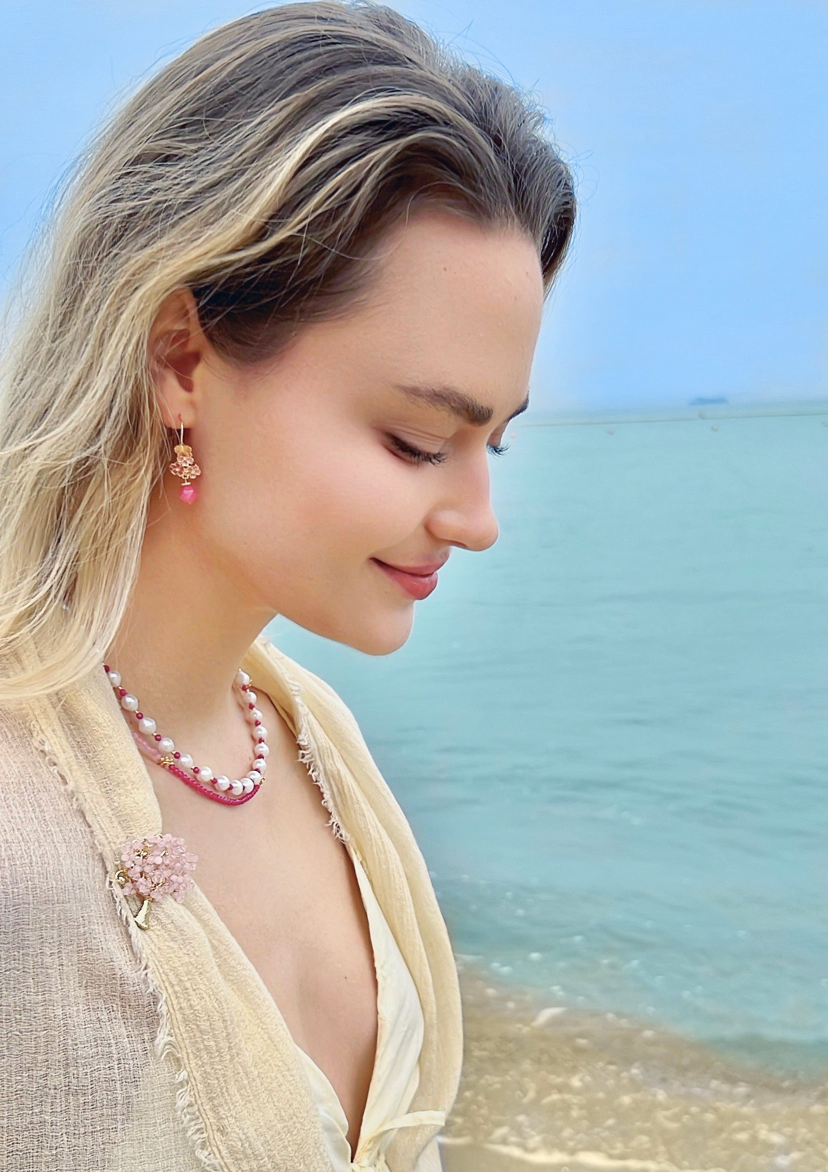 Pink Gemstone Dangle Earrings - Glazed Flower Design LE002 | Elegant Jewelry for Women, Perfect for Weddings, Parties & Special Occasions