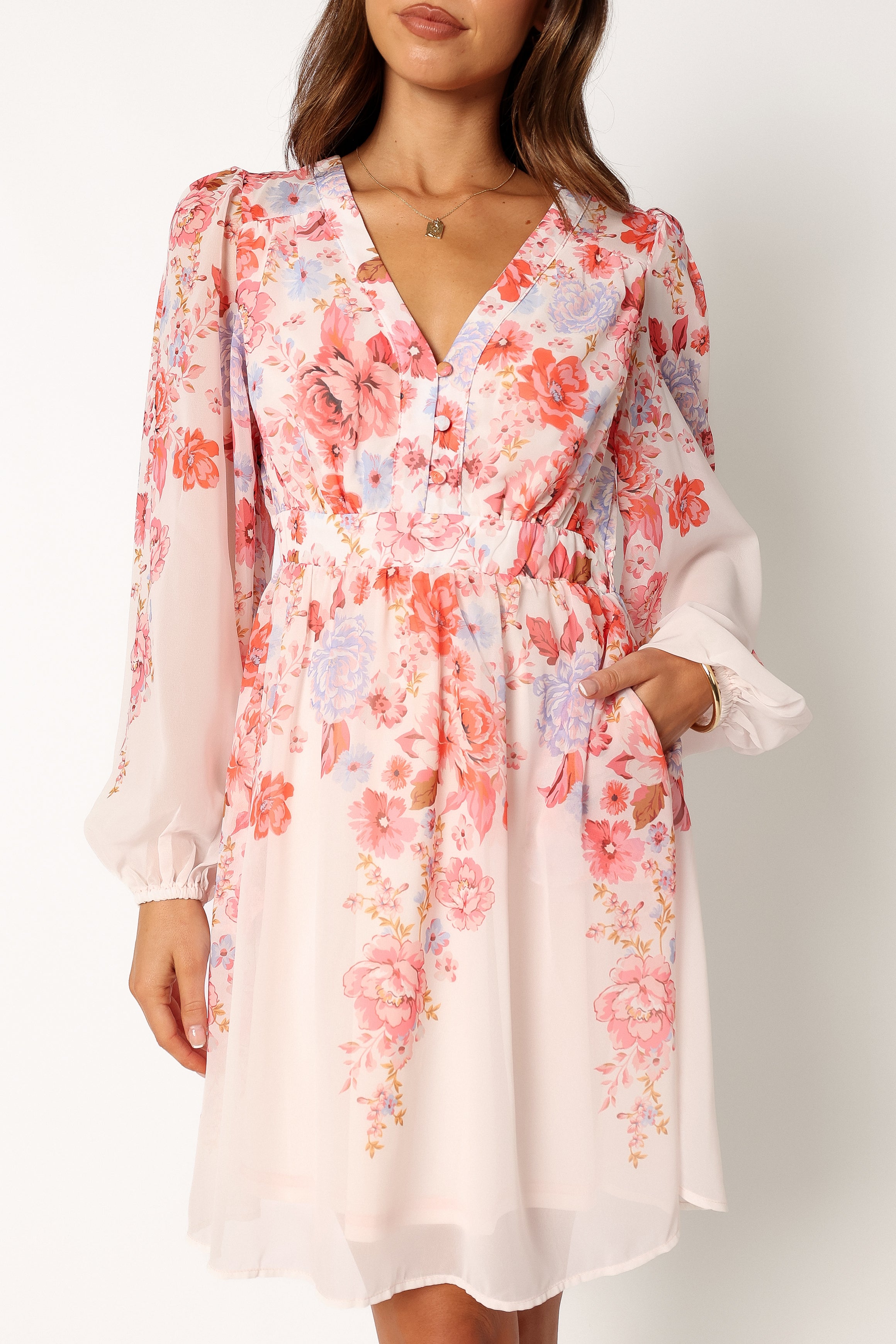 Hattie Long Sleeve Mini Dress - Pink Floral Print Women's Party Dress for Date Night & Cocktail Events