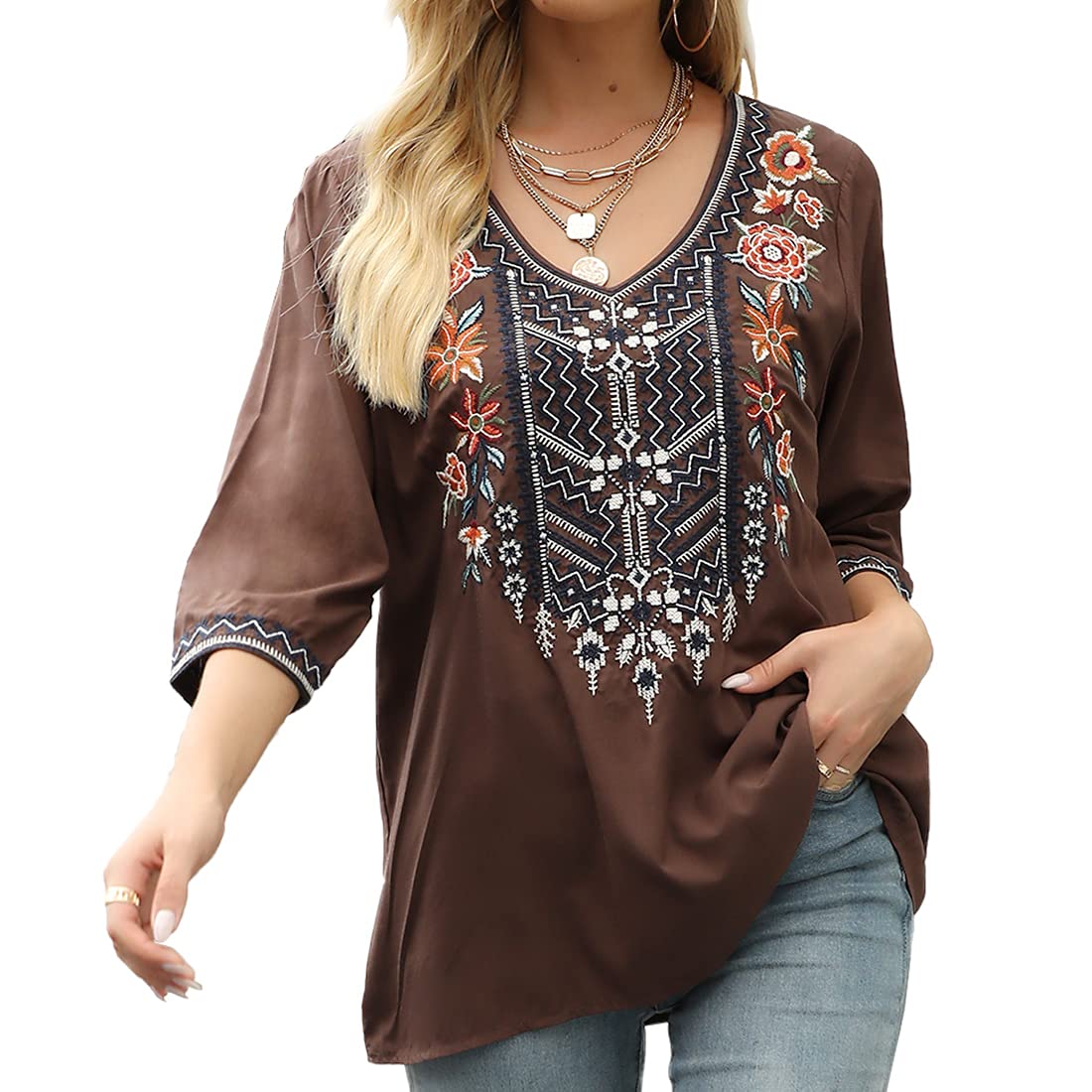 AK Women's Embroidered 3/4 Sleeve V-Neck Peasant Blouse - Traditional Mexican Tunic Top for Casual Wear, Festivals & Boho Style Outfits