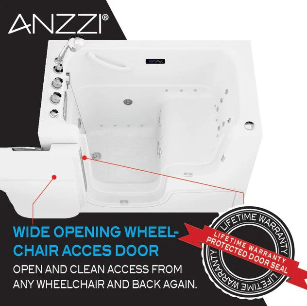 Anzzi 2953WCRWD 29x53 Inch Right Drain Walk-In Bathtub with Whirlpool Air Jets - Wheelchair Accessible Soaking Tub for Seniors & Mobility Needs | Bathroom Safety & Relaxation