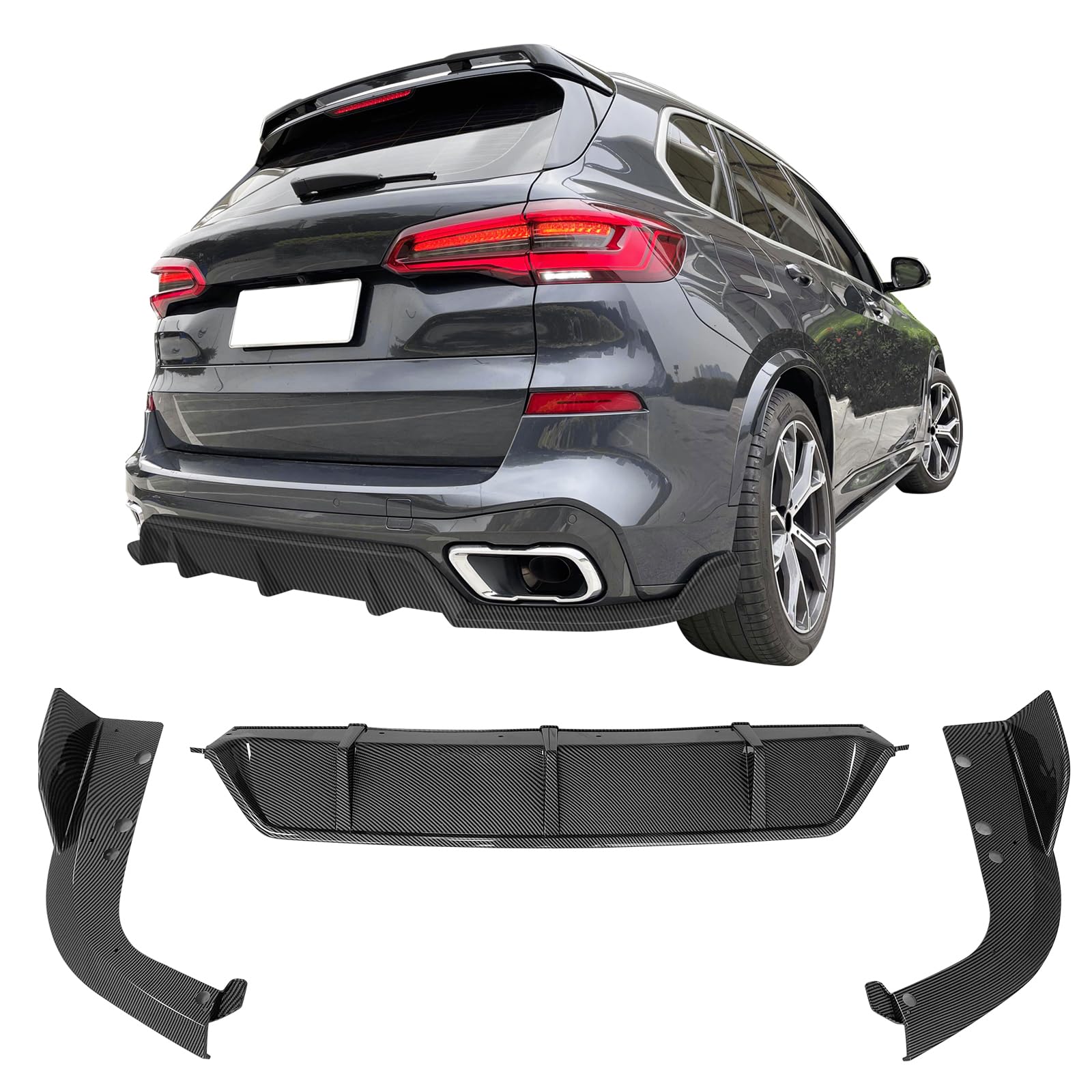 IKON MOTORSPORTS Rear Diffuser for 2019-2025 BMW G05 X5 M Sport - Carbon Fiber Print ABS & PP Bumper Lip Body Kit Replacement | Enhances Aerodynamics & Sporty Look for X5 M Models