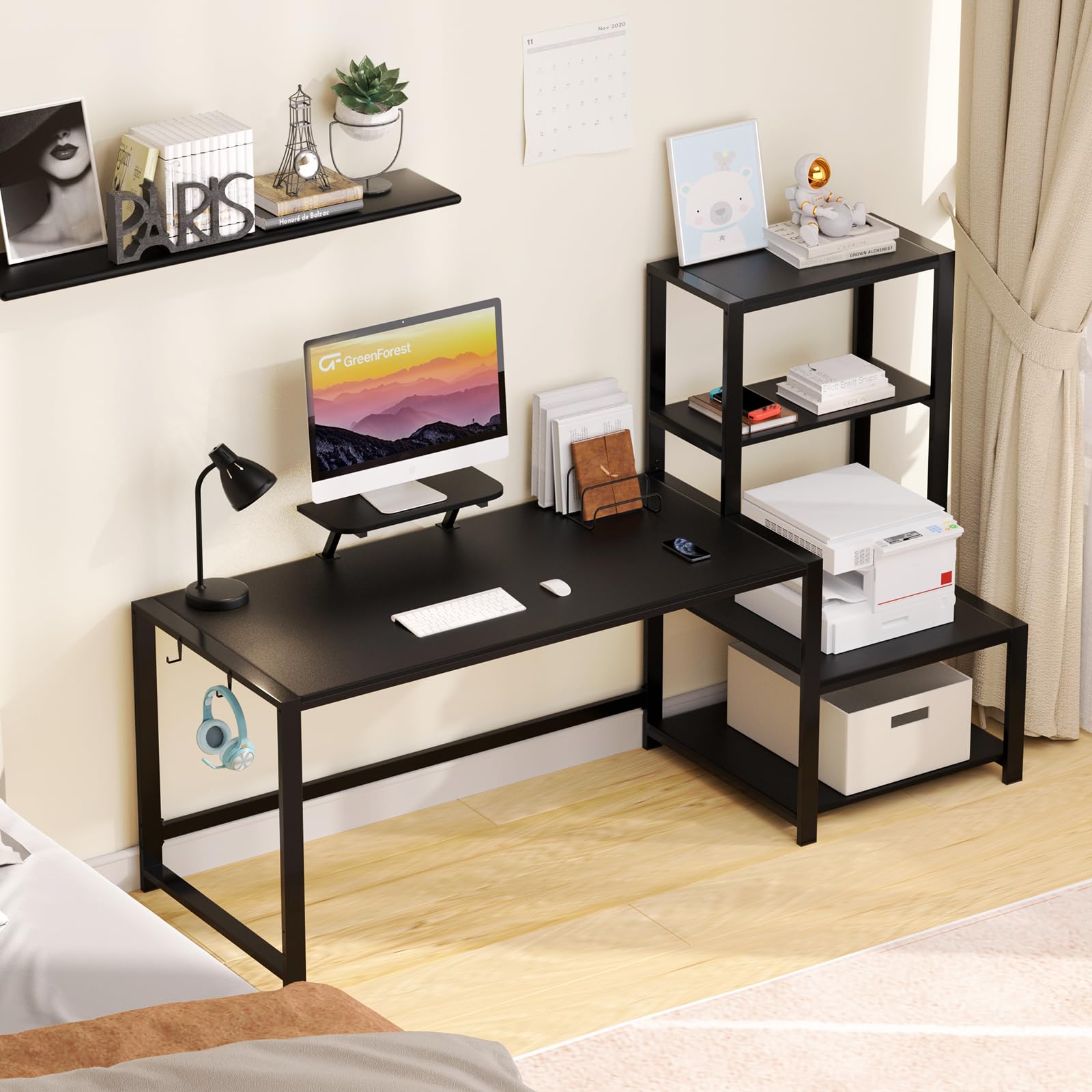 GreenForest 67-inch Computer Desk with Printer Shelf & Monitor Stand - Reversible Office Desk with 2 Hooks - Sturdy Home Workstation for Study, Writing, Working & Gaming (Black) - Perfect for Home Office, Dorm Room & Small Spaces