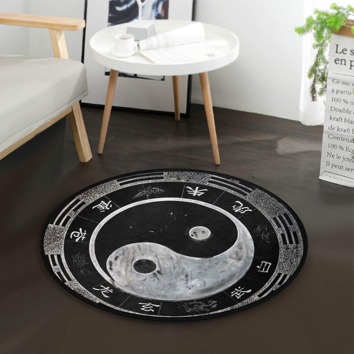 ALAZA Yin Yang Round Area Rug - 3' Diameter (92 cm) Non-Slip Living Room & Bedroom Carpet - Chinese Inspired Home Decor for Meditation Spaces & Zen Interiors